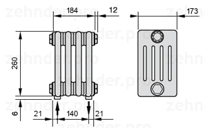 Схема (чертеж) Радиатор Zehnder Charleston 5026/4 №5310 Белый глянцевый RAL 9016